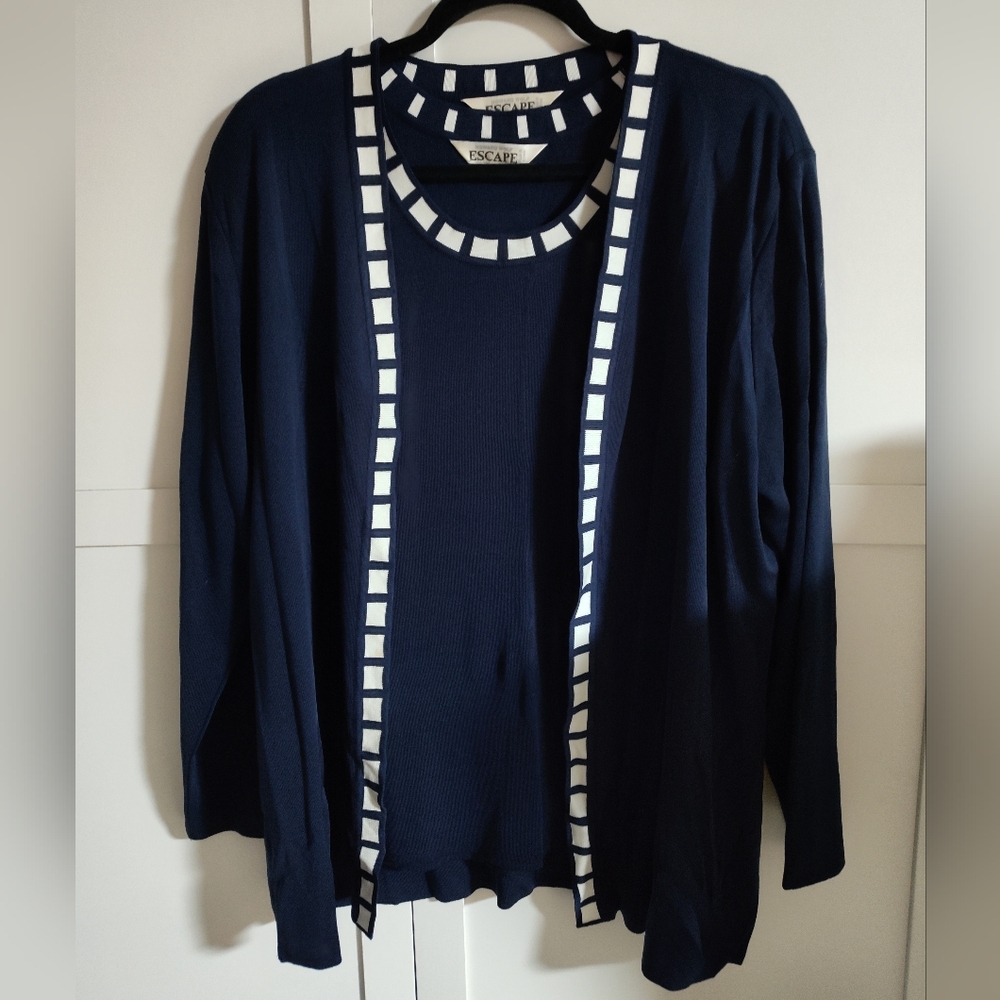 VTG Howard Wolf Escape XL Navy Blue Cardigan & Top 2pc Set Knit White Trim USA